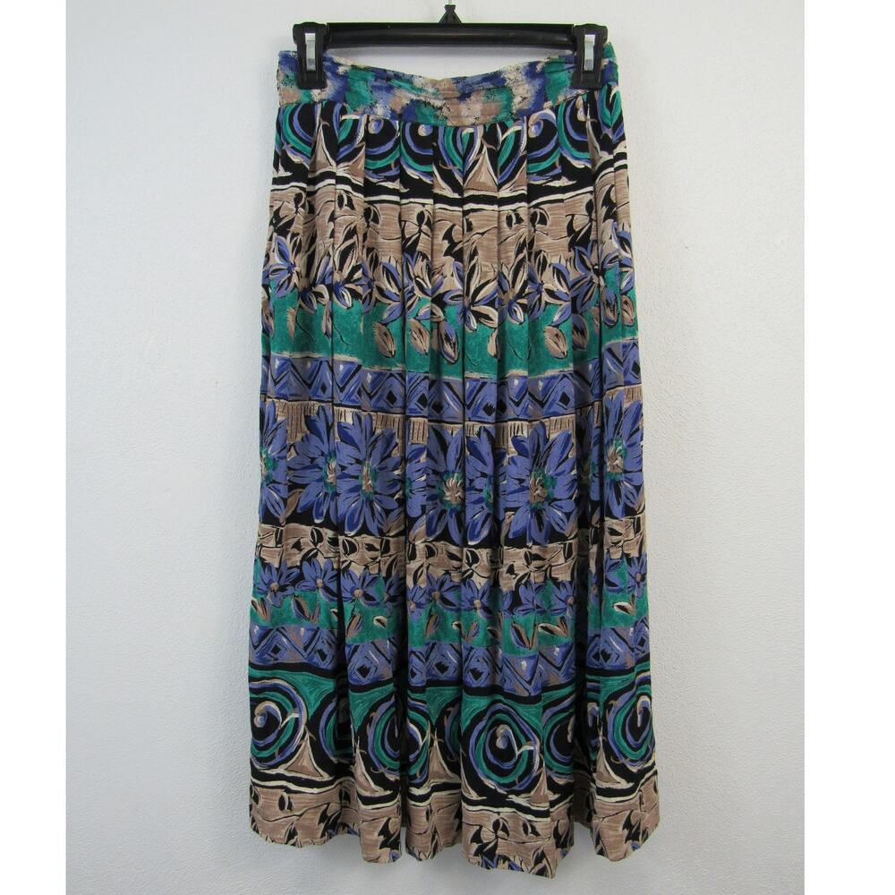 Pappagallo Vintage Size 6 Teal Purple Tan Patterned Midi Skirt VTG Union Made